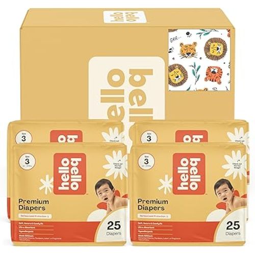 Hello Bello Diapers, Size 3 (14-24 lbs) Wild Cats, 100 Count Value Pack of Premium Disposable Baby Diapers, Hypoallergenic with Soft, Cloth-Like Feel