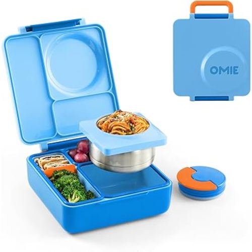 Omie OmieBox Bento Box for Kids - Insulated Lunch Box with Leak Proof Thermos Food Jar - 3 Compartments, 2 Temperature Zones (Blue Sky)