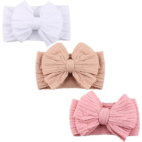 BQUBO Handmade Baby Headbands Soft & Stretchy Hair Bands with Bows Nylon Bows Hairbands for Girls Newborn Infant Toddlers Hair Accessories 3 pack