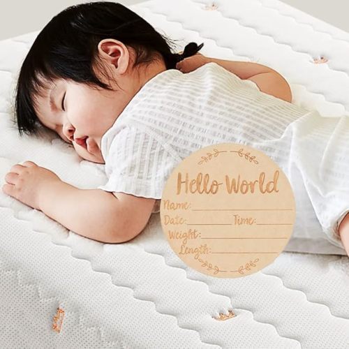 Wooden Baby Announcement Sign, 5.9 Inch Hello World Newborn Sign,Baby Birth Announcement Sign, Baby Name & Arrival announcements Board for Photo Prop Baby Shower Hospital Nursery Gift.