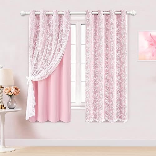 Yinhua Pink Blackout Curtains for Bedroom Double Layer Nursery Curtains for Living Room 63 Inch Length 2 Panels Set Kid Curtain with Floral Sheer Overlay, Grommet Drapes with Tiebacks, 52" W x 63" L