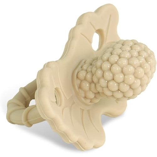 RaZbaby RaZberry Silicone Teether Pacifier – Teething Relief for Infants, Food-Grade, BPA-Free, Hands-Free Design, Natural Berrybumps Fruit Texture for Sensory Development, Freezable – Caramel