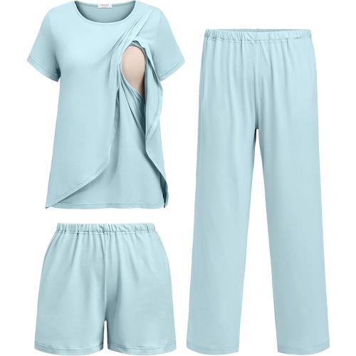 Ekouaer 3 PCS Maternity Nursing Pajamas Set Postpartum Breastfeeding Short Sleeve Shirts, Pregnancy Shorts & Pants Pjs S-XXL