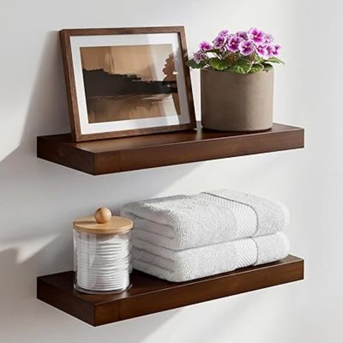 Homeforia Walnut Floating Bathroom Shelves, High End Solid Real Wood 16 inch Small Floating Shelf for Wall Mounted, Dark Brown 16inch Floating Shelves, Heavy Duty Bracket, 16 X 6.5 X 1.75 in, Set of 2