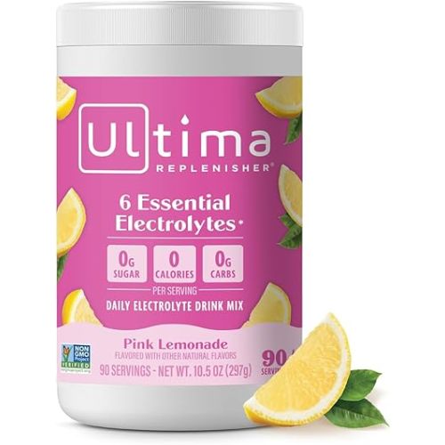 Ultima Replenisher Daily Electrolyte Powder Drink Mix – Pink Lemonade, 90 Serving – Hydration Powder with 6 Key Electrolytes and Trace Minerals – Keto Friendly, Vegan, Non-GMO and Sugar-Free