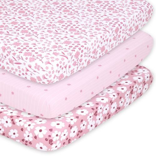 The Peanutshell Mini Crib, Playard Sheets, 3 Pack, Daisy | Pink, Mauve
