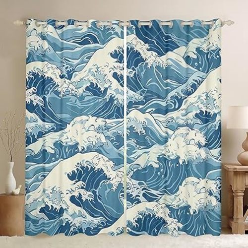 Feelyou Wave Curtains for Bedroom Living Room (2 Panels, 42 x 84 Inch) Japanese Wave Darkening Dreapes Decor Ocean Wave Blackout Curtains Sea Waves Window Treatments