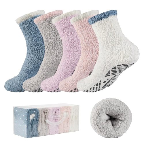 Bulinlulu Fuzzy Socks With Grips for Women 5-Pairs Non Slip Sleep Warm Fluffy Slipper Socks with Grippers for women