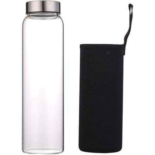sunkey Glass Water Bottle 32 oz High Borosilicate with Neoprene Sleeve Leak Proof Lid Reusable Eco Friendly Bpa Free