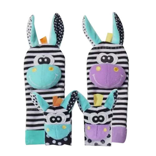 Animal Shaped Plush Stuffed Baby Socks with Wrist Rattles and Foot Finders for Newborn Boys and Girls - Set 005