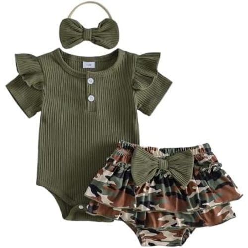 fhutpw Newborn Baby Girl Clothes Ribbed Sleeve Romper Top Leopard Ruffle Shorts Bow Headband Infant Summer Outfits 0-18M