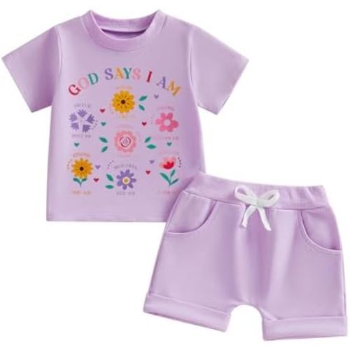 Baby Girl Letter T-shirt Cotton Shorts 2PCS Clothes Set God Says I am Floral Tee Tops Infant Toddler Summer Outfit