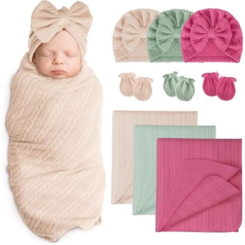 AQOKKA Baby Swaddle Blankets Wheat Ear Bow Hats Mitten for Newborns