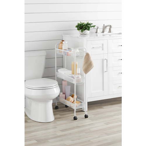 Mainstays Slim 3-Tier Rolling Bathroom Storage Cart with Hooks, White