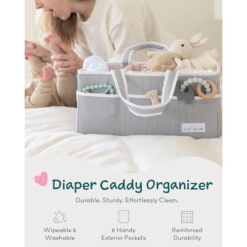 Lily Miles Baby Diaper Caddy Organizer, Girl Nursery Storage Basket with 8 Pockets, Baby Organizer and Storage, Easy-to-Clean Fabric, Large, Pink Blush
