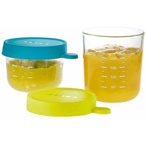 BEABA Glass and Silicone Baby Food Containers with Airtight Lid, Set of 2, 5 oz and 8 oz Jars (Peacock)