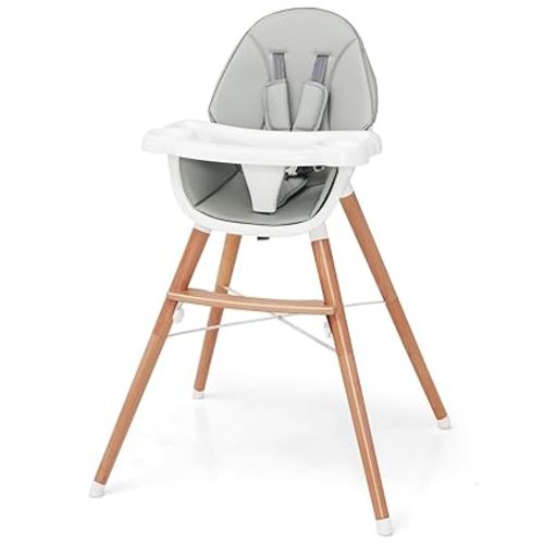 HONEY JOY Baby High Chair, Eat & Grow Beech Wooden Highchair for Babies and Toddlers, Removable Double-Layer Food Tray, 5-Point Harness, PU Cushion and Footrest for Infants Boys Girls (Gray) - Basic