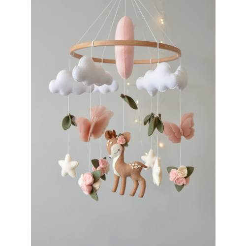 Deer baby mobile girl. Butterflies baby mobile. Baby shower gift. Flowers baby mobile.