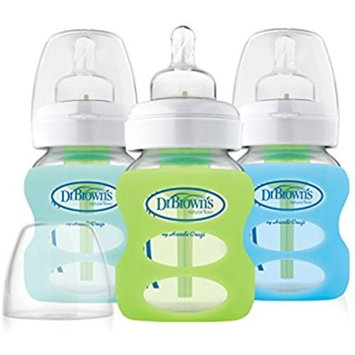 Dr. Brown's Options 3 Piece Wide Neck Glass Bottle in Silicone Sleeve, Green/Mint/Blue, 5 Ounce
