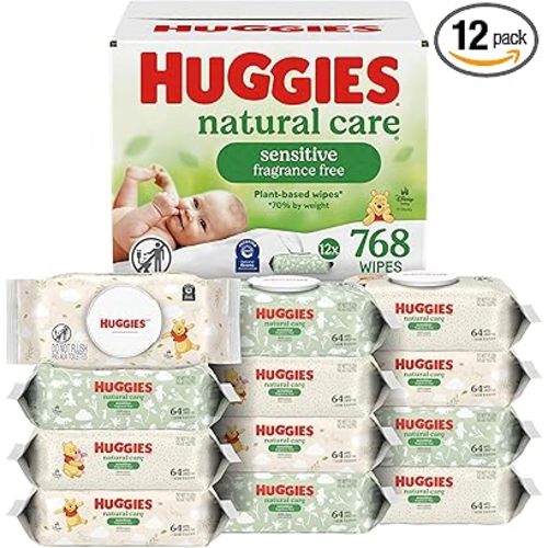 Huggies Natural Care Sensitive Baby Wipes, Unscented, Hypoallergenic, 99% Purified Water, 12 Flip-Top Packs (768 Wipes Total), Packaging May Vary