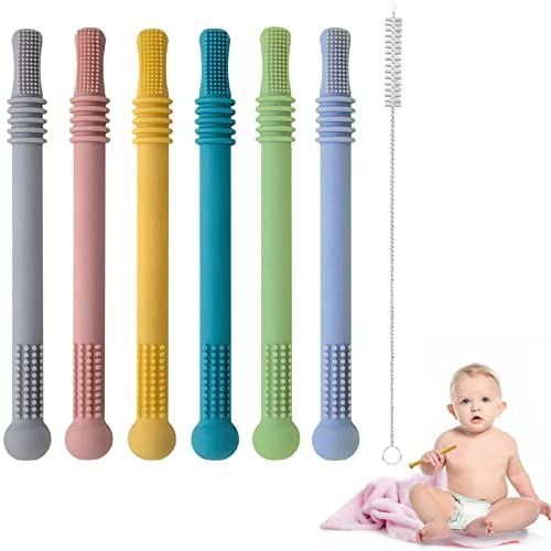Hollow Teether Tubes, Silicone Baby Teething Toys, Chew Straw Toy for Babies 0-6 , 6-12 Months with a Cleaning Brush, BPA Free/Freezable (6 Tubes)