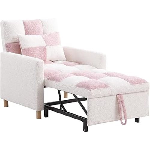 Sleeper Chair Bed Multi-Functional Convertible Chair Sleeper Teddy Fabric Adjustable Single Pull Out Sofa Bed with Lumbar for Apartment, Bedroom,Office,Living Room (Beige&Pink)