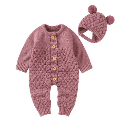 WOYY Newborn Girls Sweater Jumpsuit Solid Color Long Sleeved Knitted Romper With Hat