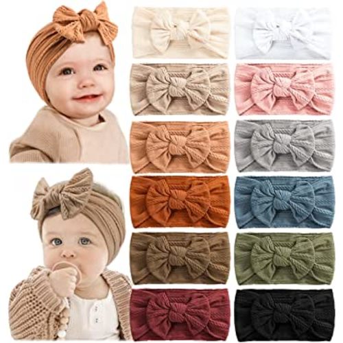 Prohouse 12 PCS Baby Headbands Handmade Super Stretchy Soft Nylon Hairbands Hair Bows Hair Accessories for Baby Girls Newborn Infant Toddlers Kids(Clay)