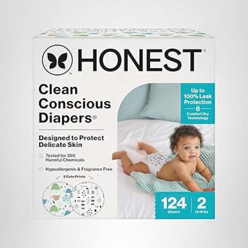 The Honest Company Clean Conscious Diapers | Plant-Based, Sustainable | Turtle Time + Dots & Dashes | Super Club Box, Size 2 (12-18 lbs), 124 Count