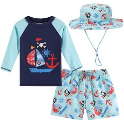 Baby Boys Swimsuit, 3-Piece Toddlers Swimsuit Trunk Long Sleeve Rashguard Swimwear and Sun Hat Set