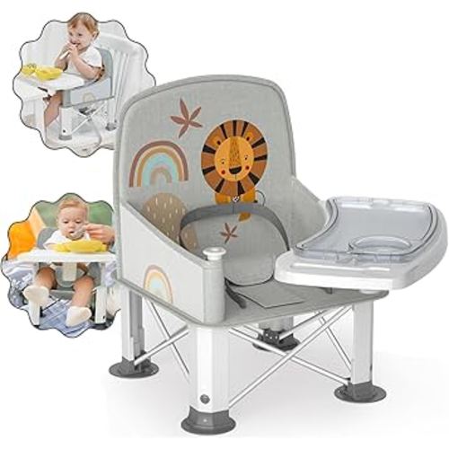 Baby Travel Booster Seat with Double Tray, BabyBond Upgraded Toddler Portable Baby Chair, Booster Seat for Dining Table, Stable and Foldable Booster Baby Chair for Indoor/Outdoor (Grey Lion)