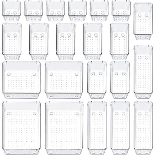 SMARTAKE 22-Piece Drawer Organizer with Non-Slip Silicone Pads, 5-Size Clear Desk Drawer Organizer Trays Storage Tray for Makeup, Jewelries, Utensils in Bedroom Dresser, Office and Kitchen, Clear