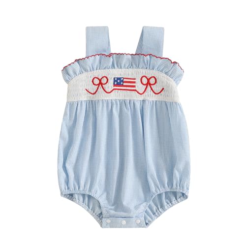 NEVUQO Newborn 4th of July Baby Girl Outfits Smocked Bubble Romper Bow American Flag Ruffle Sleeve Bodysuit Summer Clothes
