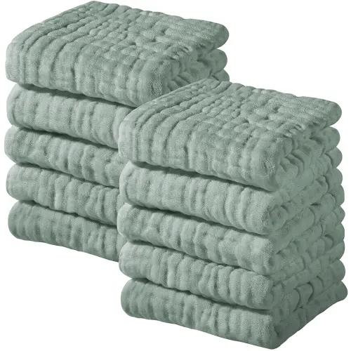 Yoofoss Muslin Baby Washcloths 100% Cotton Face Towels 10 Pack Wash Cloths for Baby 12x12in Soft and Absorbent Baby Wipes (Dark Green)