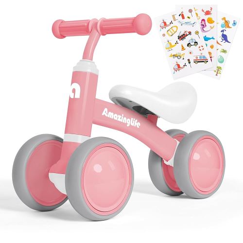 Balance Bike 1 Year Old, 10-24 Months Baby Balance Bike Toys, No Pedal Infant 4 Wheels Toddler Bike, Toddler Ride On Toys, Three Free Cartoon Stickers, First Birthday Gift for Boys Girls