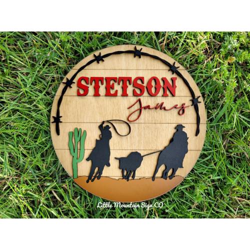 Western Cowboy Team Roping Calf Name Sign, Personalized Nursery Round Sign, Cactus, Barbwire, boy Sign, Horse, Rodeo, Baby Announcement