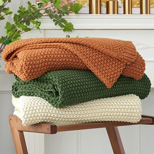 Orange - Chunky Cable Knit Throw Blanket Lightweight Burnt Orange 100% Organic Cotton Blanket for Sofa Couch Bed Baby Nursery, Rustic Shabby Chic Modern Farmhouse, 51β x 63β Give Laundering Bag
