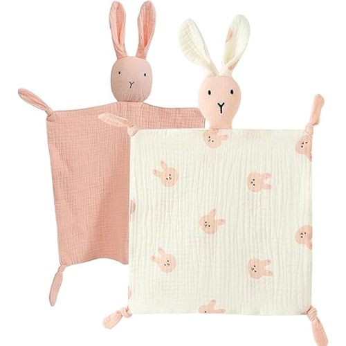 Organic Cotton Muslin Lovey Blanket, Organic Cotton Muslin Bunny Security Blanket Soft & Breathable Lovie Baby Gifts for Boys and Girls