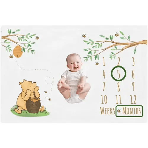Classic Winnie Bear Baby Milestone Blanket Boy, Pooh Baby Growth Month Blanket Girl, First Year Calendar Monthly Growth Chart, Baby Boy Shower Gift, Newborn Photoshoot Mat, (Minky-Fleece, 60x40 inch)