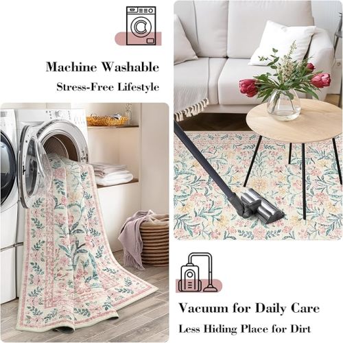 Wonnitar Floral Large Rugs for Living Room, Soft Light Pink Rug Washable 9x12 Rug Non Slip, Boho Foldable Non-Shedding Kids Rugs for Bedroom Girls Pastel Rug for Nursery Dorm Playroom