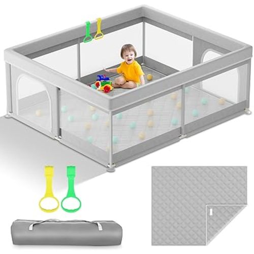 Omzer Baby Playpen with Mat 71x59inch: Large Playpen for Babies and Toddlers Indoor Safety Play Pen with Soft Breathable Mesh - All-Wrapped Sponge Sturdy Play Yard with Stable Mat Magic Sticker.
