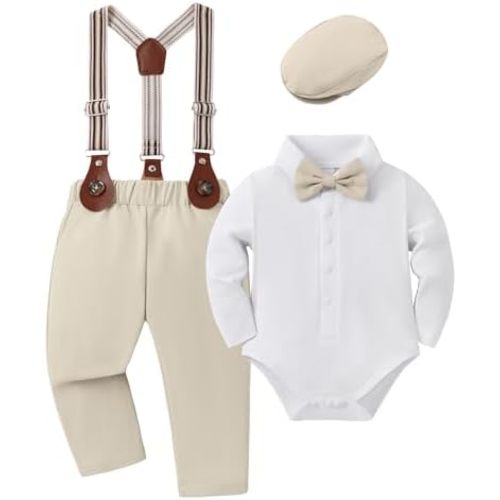 YUEMION Baby Boy Clothes Wedding Outfit Infant Tuxedo Gentleman Suits Dress Shirt+ Beret Hat +Suspender Pants +Bowtie 0-18M