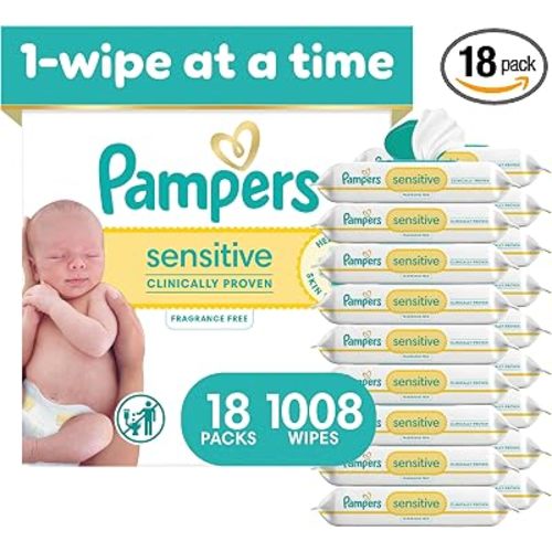 Pampers Sensitive Baby Wipes, Clinically Proven, Fragrance Free, Unscented, Water Based, Hypoallergenic, Multi-Use, Hand Wipes 1008 Wipes Total (18X Flip-Top Packs) [Packaging May Vary]