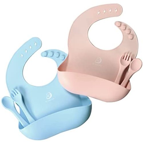 Bear&Joy Silicone Bibs for Babies, 2 Pack Baby Bibs with Spoon Fork, Soft Adjustable Fit Waterproof Bibs, Feeding Bibs with Food Catcher Pocket for Toddlers Girls Boys Kids - Baby Blue/Baby Pink