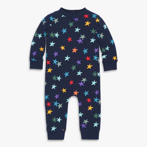 Baby sweatshirt romper in rainbow confetti stars - Navy / confetti stars / 6-12