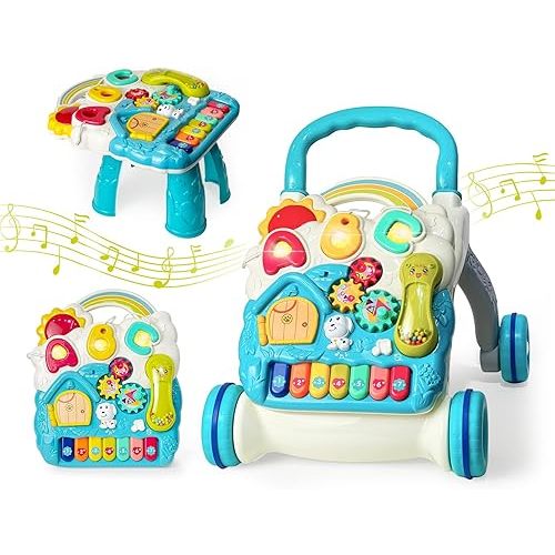 Sit to Stand Baby Walker, Activity Center with Music and Light, Activity Table for Toddlers, Push Toys for Babies Learning to Walk, Early Education Toys for Infant Boys Girls 6 Months Up (Blue)