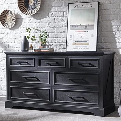 7 Drawer Dresser, Farmhouse Chest of Drawers for Bedroom, 52" Wide Kids Dresser TV Stand with Large Metal Handles, Wood Drawer Organizer for Living Room, Hallway - Black
