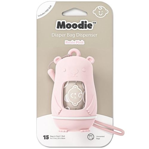 NEW Moodie Teddy Bear Diaper Bag Dispenser | Diaper Bag on the Go Dispenser w/Silicon Strap |15 UNSCENTED Diaper Disposal Bags per Roll | Diaper bag essential items (ROSIE PINK) - 1 Count (Pack of 1) - Rosie Pink