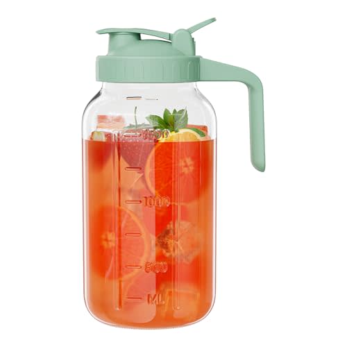 Glass Mason Jar Pitcher, 64 oz Wide Mouth Jug with Pour Spout Handle Lid for Cold Brew Coffee, Ice Beverage, Iced Juice, Lemonade, Sun Tea, Fruit Drinks Container（Green）
