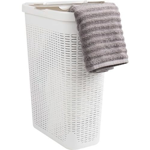Mind Reader 40L Slim Laundry Hamper, Clothes Basket, Lid, Wicker Design, Plastic, 18"L x 10.4"W x 23.5"H, White - Ivory - Single